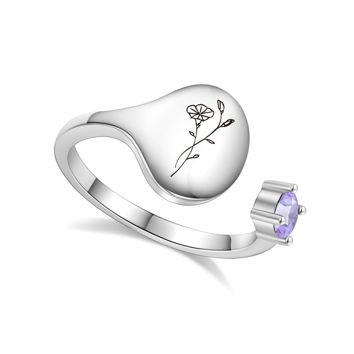 Bague avec fleur de mois de naissance et pierre de naissance