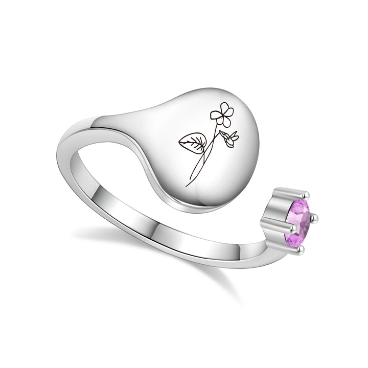 Bague avec fleur de mois de naissance et pierre de naissance