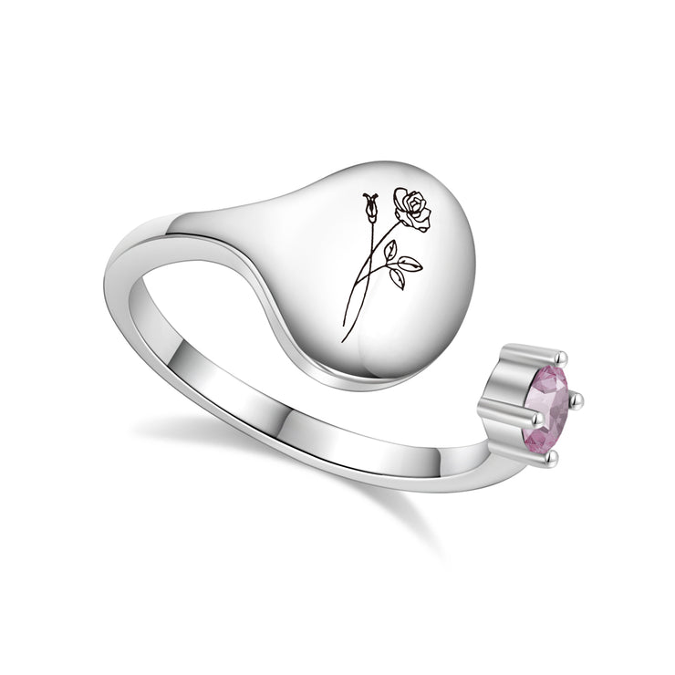 Bague avec fleur de mois de naissance et pierre de naissance