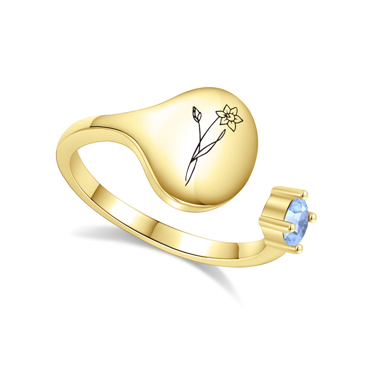 Bague avec fleur de mois de naissance et pierre de naissance