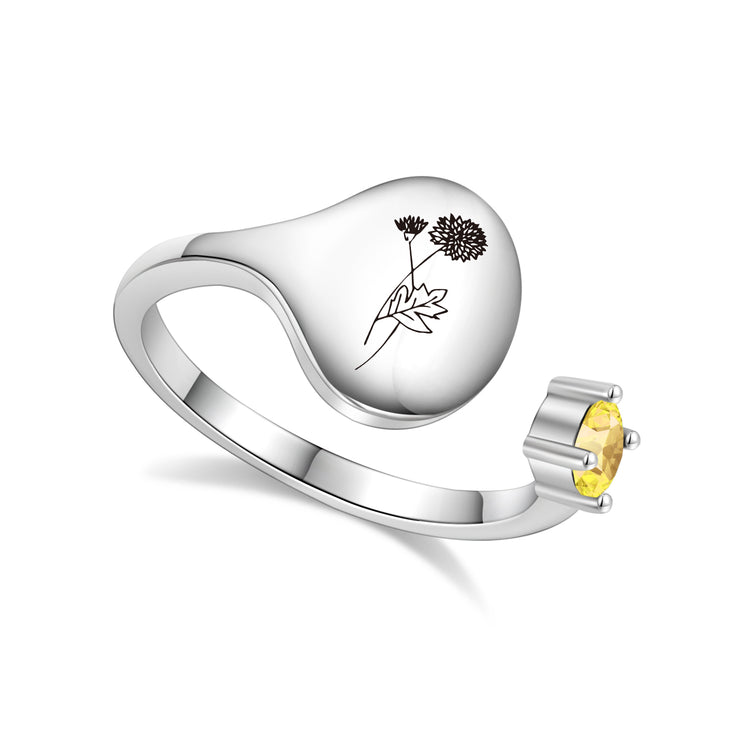 Bague avec fleur de mois de naissance et pierre de naissance