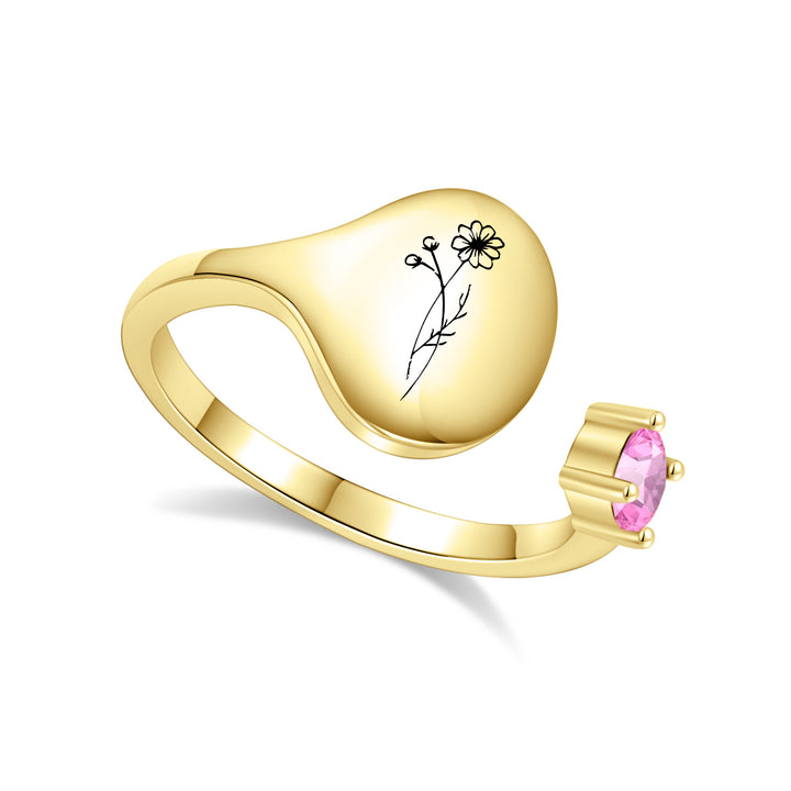 Bague avec fleur de mois de naissance et pierre de naissance