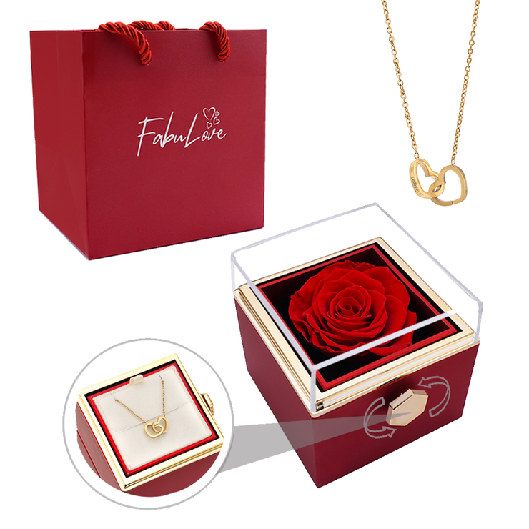 Eternal Rose Box - w/ Engraved Necklace & Real Rose Rosy Pink / Gold / Grand