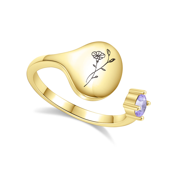 Bague avec fleur de mois de naissance et pierre de naissance