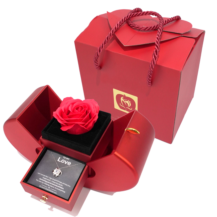 Pudełko Z Wiecznymi Różami - Z Prawdziwą Różą I Naszyjnikiem