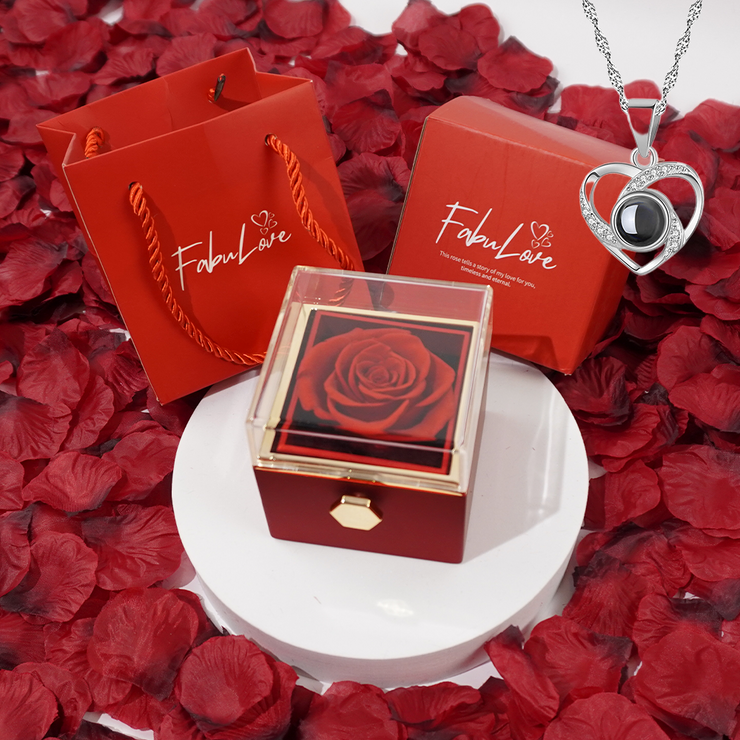 Double Hearts Necklace With Preserved XL Red Rose Jewelry Box - Abigail  Boutique